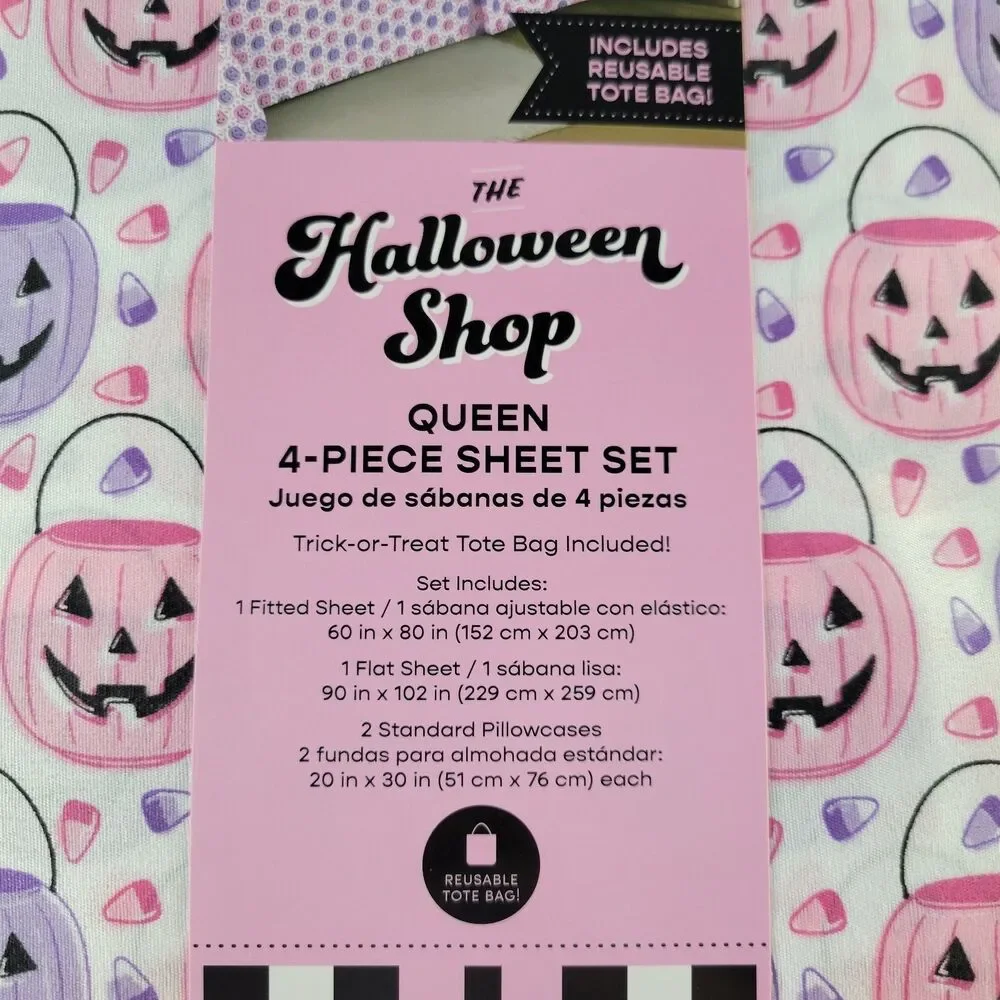 Halloween Pink Purple White QUEEN 4pc Sheets Set Trick Treat Buckets Candy Corn